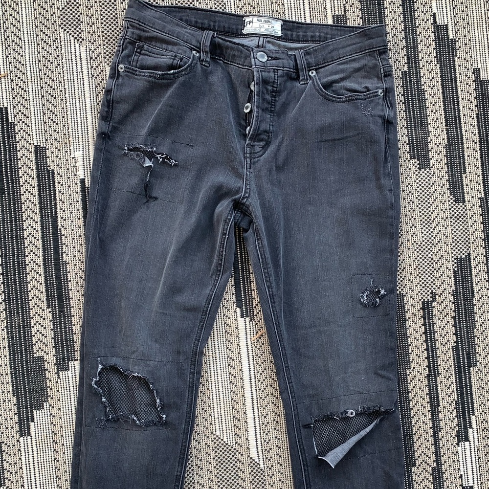 Free People Grey Washed Frayed Jeans